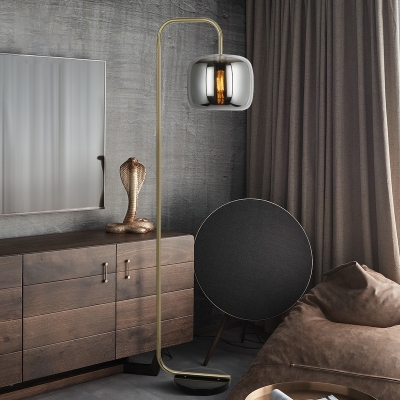 1 Bulb Bedside Floor Light Post Modern Gold Floor Standing Lamp with Drum Smoke Gray Glass Shade