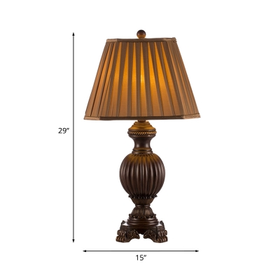1-Bulb Nightstand Light Rural Living Room Table Lamp with Cone Pleated Fabric Shade in Brown, 13