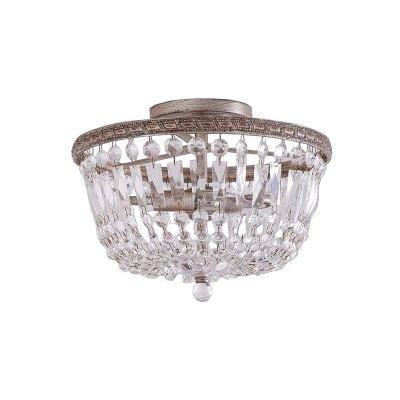 2 Lights Basket Semi Flush Lamp Farmhouse Aged Silver Faceted Crystal Flush Mounted Light