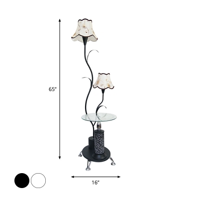 2 Lights Scalloped Shade Floor Table Light Countryside White/Black Finish Fabric Tree Stand Up Lamp