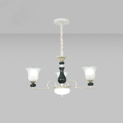 3/6-Light Ceiling Hang Fixture with Flower Shade Cream Glass Country Style Living Room Chandelier Lamp