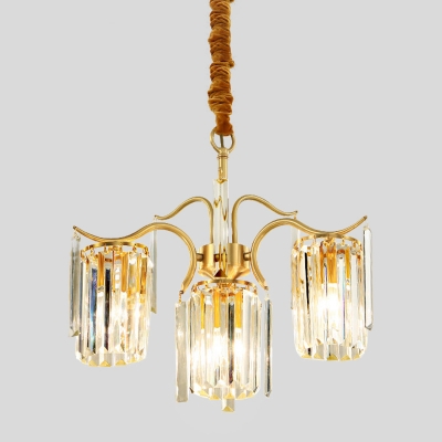 4-Bulb Pendant Lighting Traditional Cylinder Shade Crystal Block Chandelier Lamp Fixture in Brass