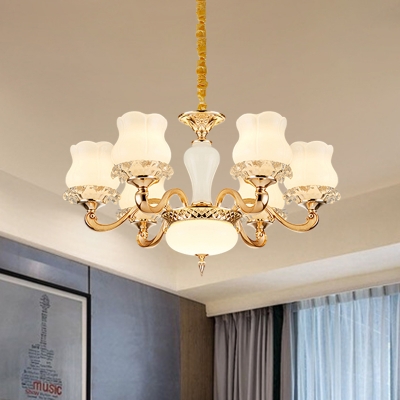 6/8-Bulb Chandelier Pendant Light with Floral Shade Milky Glass Traditionalism Dining Room Suspension Lamp in Gold