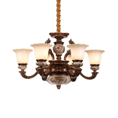 6/8 Bulbs Ceiling Chandelier with Flower Shade Opal Glass Traditional Living Room Pendant in Brown