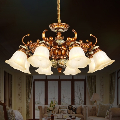 6/8 Lights Flower Shade Chandelier Lamp Vintage Brown Finish White Glass Ceiling Pendant Light Kit