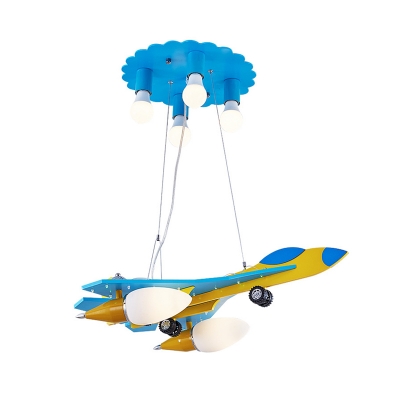 Aircraft Wood Ceiling Chandelier Cartoon 6-Head Blue and Yellow Pendulum Light for Kids Room