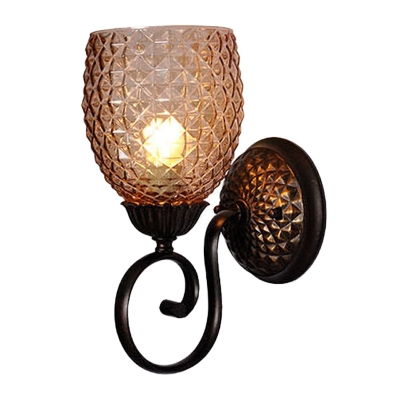 Amber Lattice Glass Cloche Wall Lamp Countryside Single Family Room Sconce Light with Black Scroll Arm