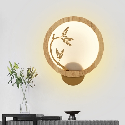 Asia Bamboo and Circle Mural Light Wood Bedroom Decorative LED Wall Sconce in Black/Beige