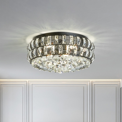 Black Drum Shaped Flush Mount Light Modernism Crystal 7 Bulbs Bedroom Ceiling Fixture