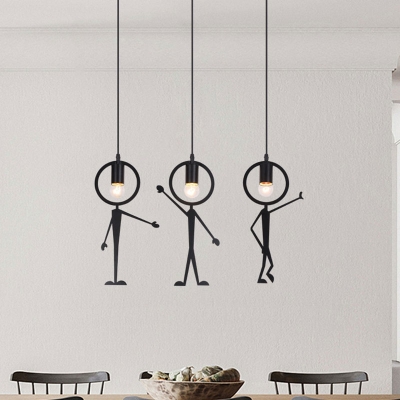 Black Finish Human-Like Multi Ceiling Lamp with Bare Bulb Design Creative 3-Light Iron Hanging Light Kit