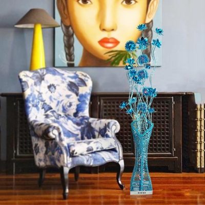 Blue Finish Vase and Lotus Floor Light Art Deco Aluminum Wire Living Room LED Standing Floor Lamp