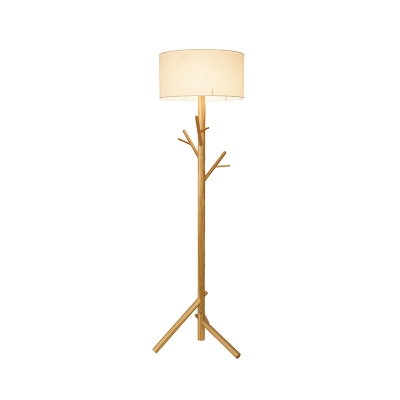 Branch Wood Standing Floor Light Modernism 1-Light Beige Floor Lamp with Drum White Fabric Shade