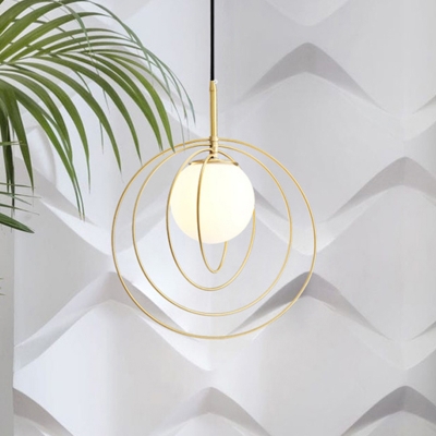 Brass Circles Down Lighting Designer 1 Bulb Metal Ceiling Pendant with Ball Cream Glass Shade