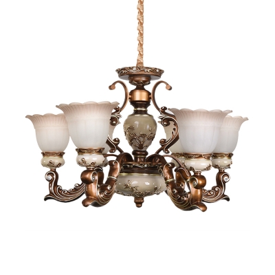 Brown 6/8-Head Up Ceramics Hanging Light Traditional Opal Glass Flower Shade Chandelier Pendant Lamp