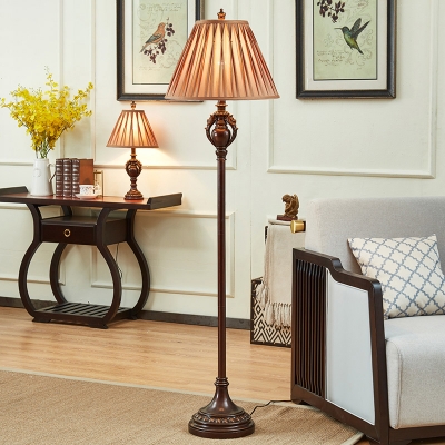Brown Conical Shade Stand Up Light Traditional Pleated Fabric 1 Light Parlour Floor Lamp