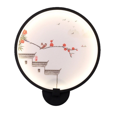 Chinese Style LED Wall Mount Mural Light Black Spring Rural Landscape/Lotus Lake Painting Sconce with Acrylic Shade