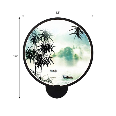 Chinoiserie Circle Wall Mural Light Metallic LED Indoor Wall Sconce Lamp with Bamboo/Ginkgo Branch/Tree Pattern in Black