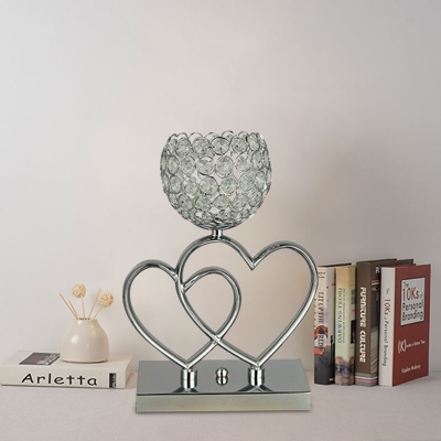 Chrome Loving Hearts Nightstand Lamp Modernist Iron Bedroom LED Table Lighting with Dome Crystal Shade