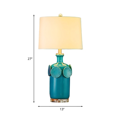 Country Bottle Shape Night Table Light Single Metallic Nightstand Lamp in Blue with Drum Fabric Shade