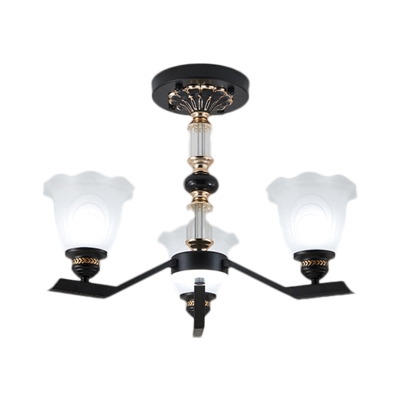 Countryside Floral Shade Pendulum Lamp 3/6/8-Head White Glass Up Hanging Chandelier in Black