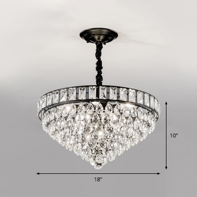 Crystal Droplets Cone Shaped Drop Lamp Minimalist 6 Heads Bedroom Pendant Chandelier in Black