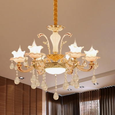 Crystal Flower Shade Chandelier Light Fixture Mid Century 6 Lights Gold Ceiling Suspension Lamp