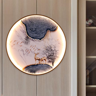 Elk/Bird Restaurant Mural Sconce Lamp Aluminum Asian Style LED Wall Mount Fixture in Black