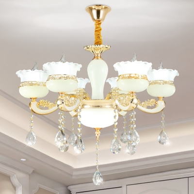 Flower Living Room Pendant Light Kit Frosted White Glass 6-Head Post Modern Ceiling Chandelier in Gold