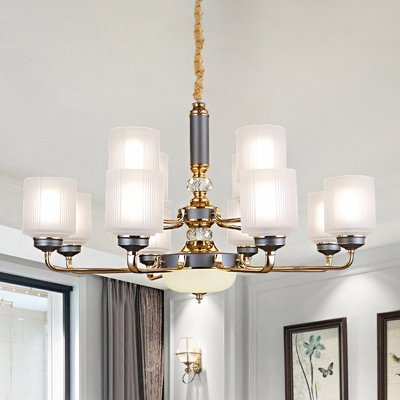 Frosted Glass Gray Blue Chandelier Light 1/2-Tier Cylinder 6/8/12 Heads Traditional Pendant Lamp