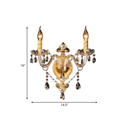 Gold 2 Bulbs Wall Mount Lamp Antiqued Clear Glass Coated Candle Sconce Light with Crystal Drop