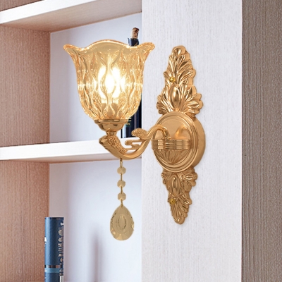 Gold Flower Shade Wall Lamp Fixture Mid Century Clear Glass 1/2 Light Bedroom Wall Lighting Idea