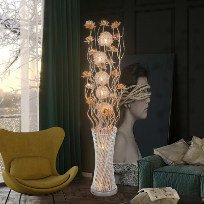 Gold Vase and Lotus Floor Standing Light Art Deco Metallic Wire LED Parlour Floor Lamp, White/Warm Light