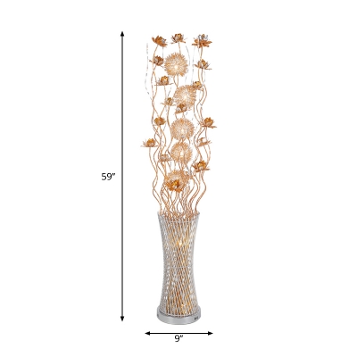 Gold Vase and Lotus Floor Standing Light Art Deco Metallic Wire LED Parlour Floor Lamp, White/Warm Light