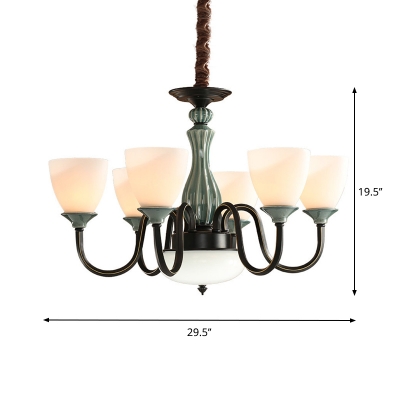 Gooseneck Arm Metal Ceiling Chandelier Traditional 6/8 Heads Dining Room Pendulum Light with Cup Opal Glass Shade in Green and Black