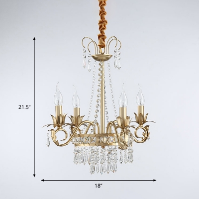 Iron Gold Chandelier Candlestick 4 Bulbs Traditional Hanging Ceiling Light with Crystal Drapes
