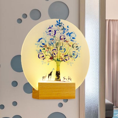 LED Bedroom Wall Mount Light Nordic Wood Mural Lamp with Animal and Tree Pattern Acrylic Shade