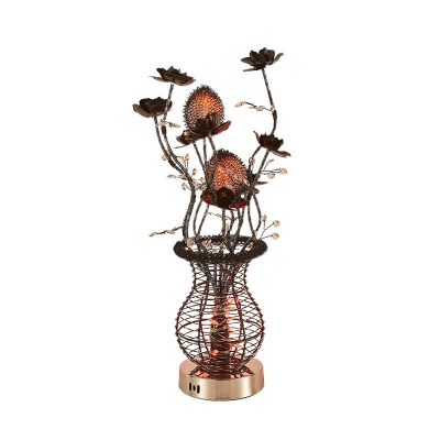 LED Nightstand Lighting Art Deco Floral and Vase Aluminum Wire Table Lamp in Black and Silver