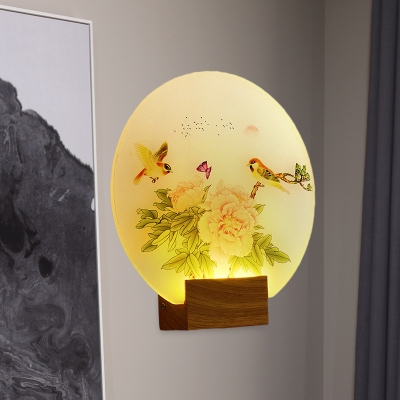 Magpie and Peony Blossom Mural Lighting Asia Acrylic Family Room LED Wall Mounted Lamp in Brown