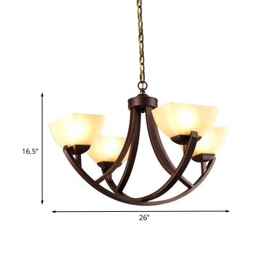 Metal Bronze Finish Chandelier Lighting Arched Arm 4/6-Light Rustic Hanging Ceiling Lamp with White Glass Shade