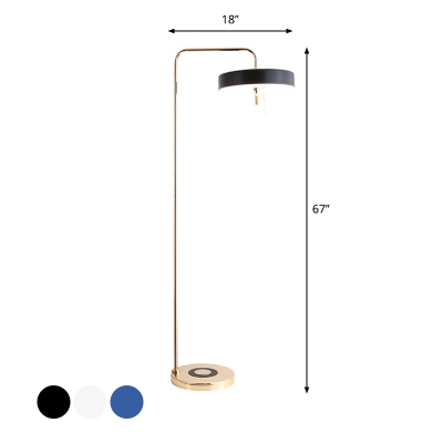 Metal Round Plate Stand Up Lamp Modernism LED Reading Floor Light with Right Angle Arm in White/Black/Blue