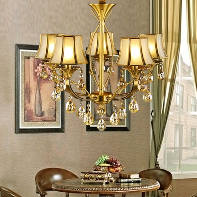 Mid Century Flared Shade Pendant 5 Bulbs Frosted Glass Chandelier with Dangling Crystal, Brass