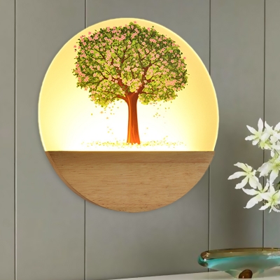 Modern Flower Tree Mural Lamp Flush Mount Acrylic Bedroom LED Sconce Light in Wood