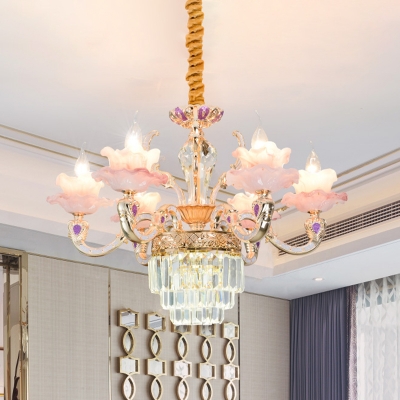 Pink 6-Head Pendant Lighting Mid Century Faceted Crystal Flower Chandelier Lamp Fixture