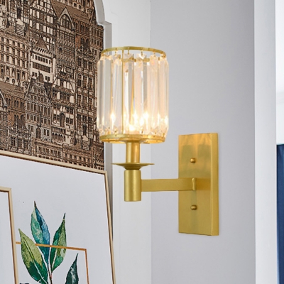 Post Modern 1/2-Bulb Wall Mount Lighting with Crystal Prisms Shade Gold Finish Cylindrical Wall Lamp