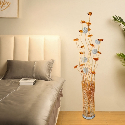 Red/Gold LED Standing Light Art Deco Aluminum Wire Lotus and Vase Floor Light for Bedside