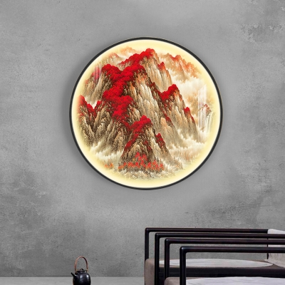 Red Mountain Mural Lighting with Circle Design Asian Style LED Metal Wall Sconce Lamp Fixture