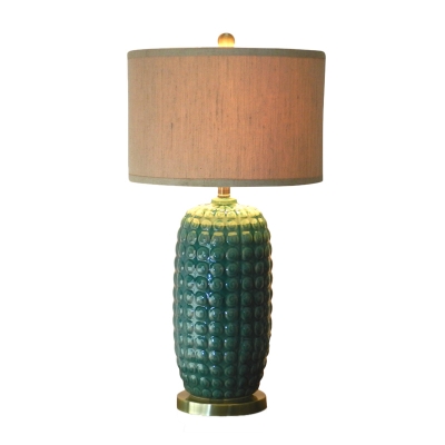 Rustic Oval Night Table Light 1 Head Ceramic Nightstand Lamp in Green with Drum Fabric Shade