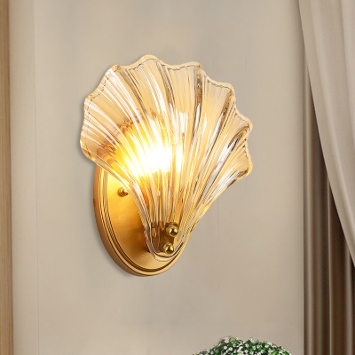 Shell Shape Clear Glass Wall Sconce Light Tradition 1 Light Bedroom Wall Lamp Fixture in Gold/Black