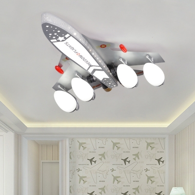 Silver Finish Aircraft Flush Light Fixture Cartoon 4 Heads Metallic Semi Mount Lighting