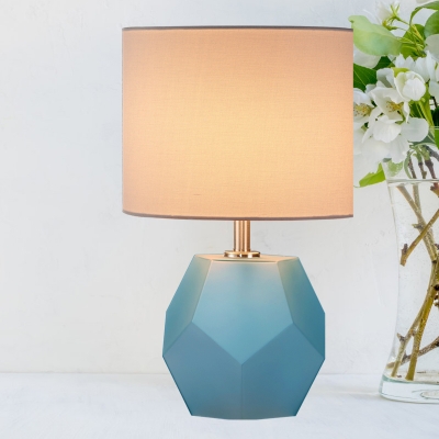 Single Nightstand Lighting Traditional Diamond Shape Grey/Blue/Pink Glass Table Lamp with Drum White Fabric Shade